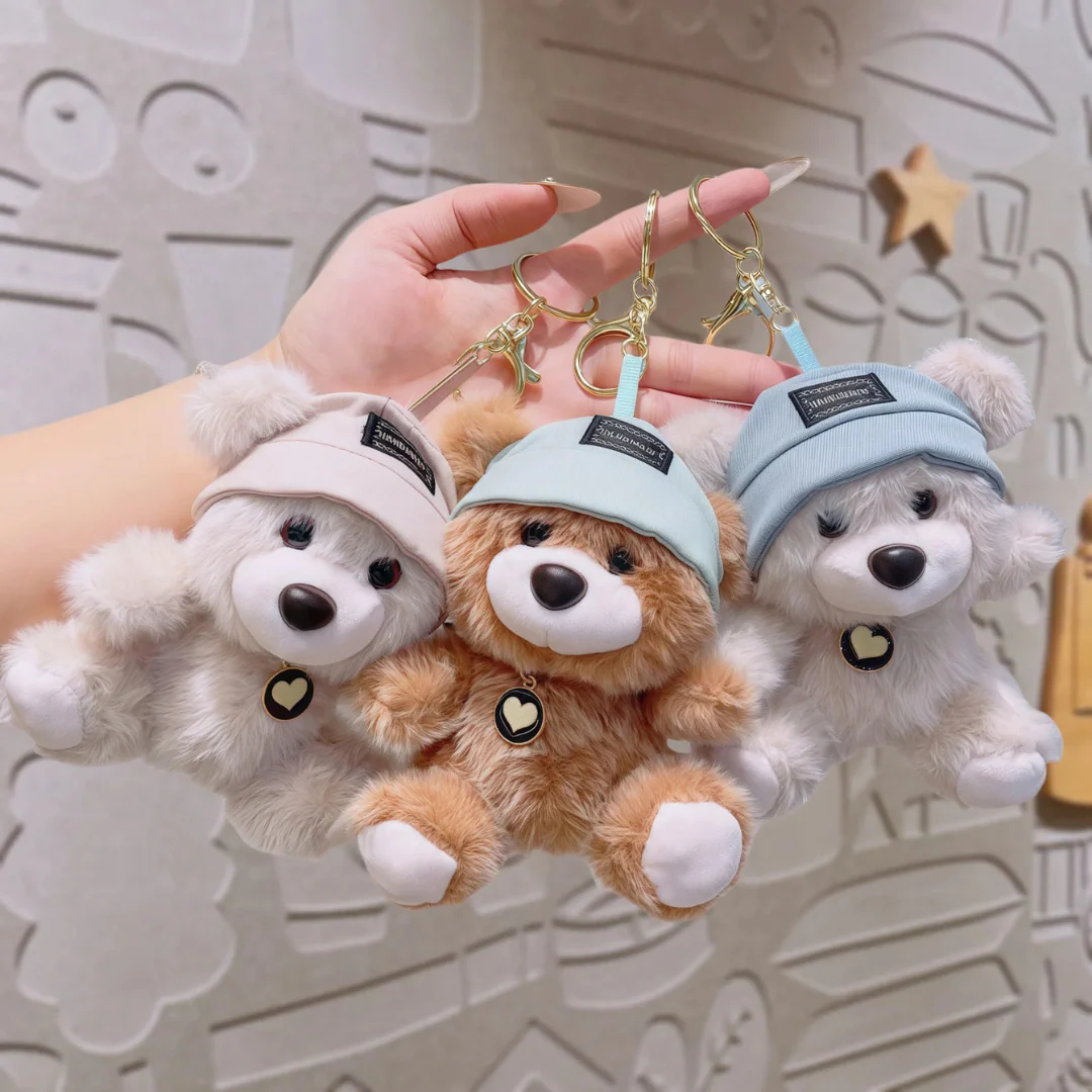 Cute Teddy Bear Plush Keychain with Cap – Soft Mini Teddy Bag Charm & Car Key Holder