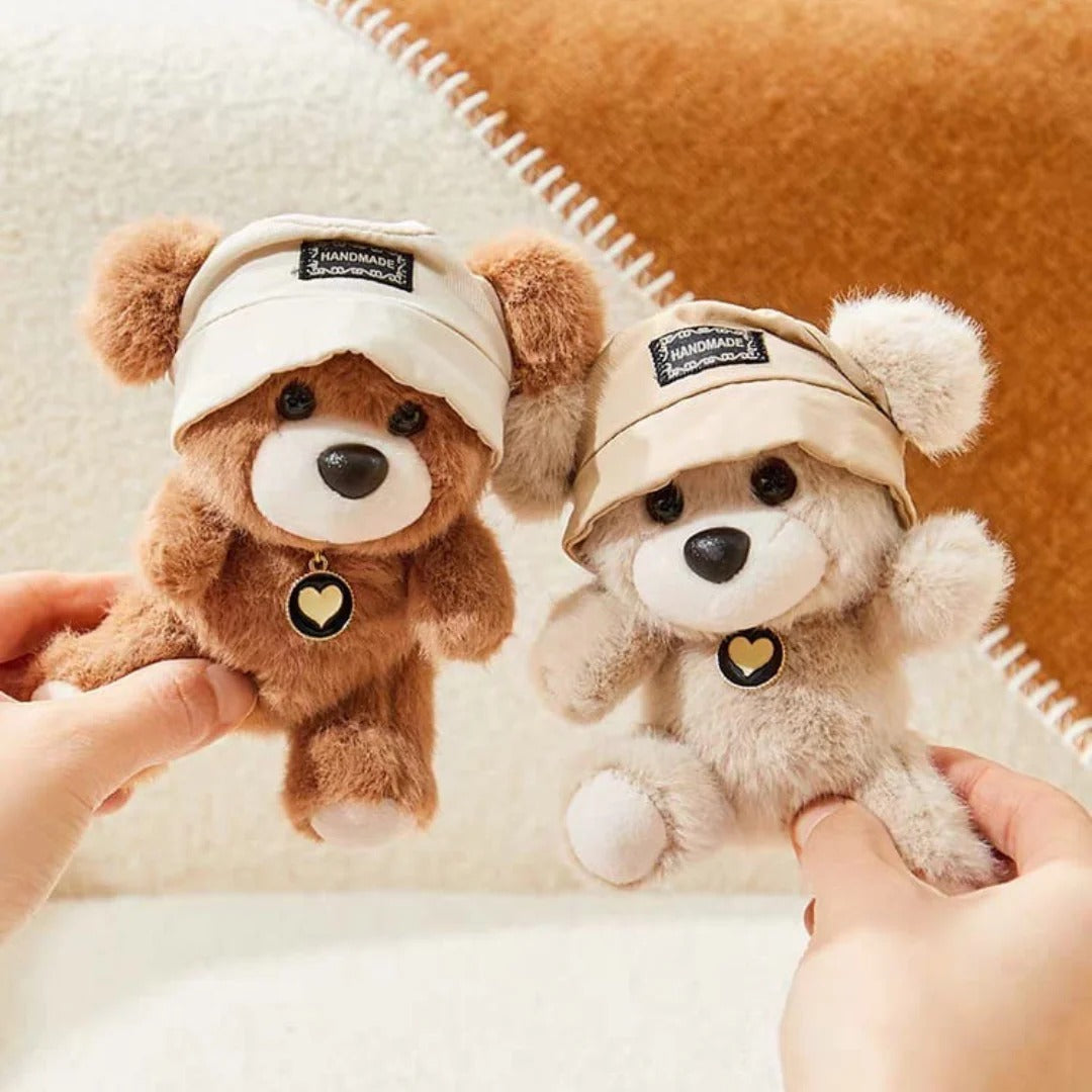 Cute Teddy Bear Plush Keychain with Cap – Soft Mini Teddy Bag Charm & Car Key Holder