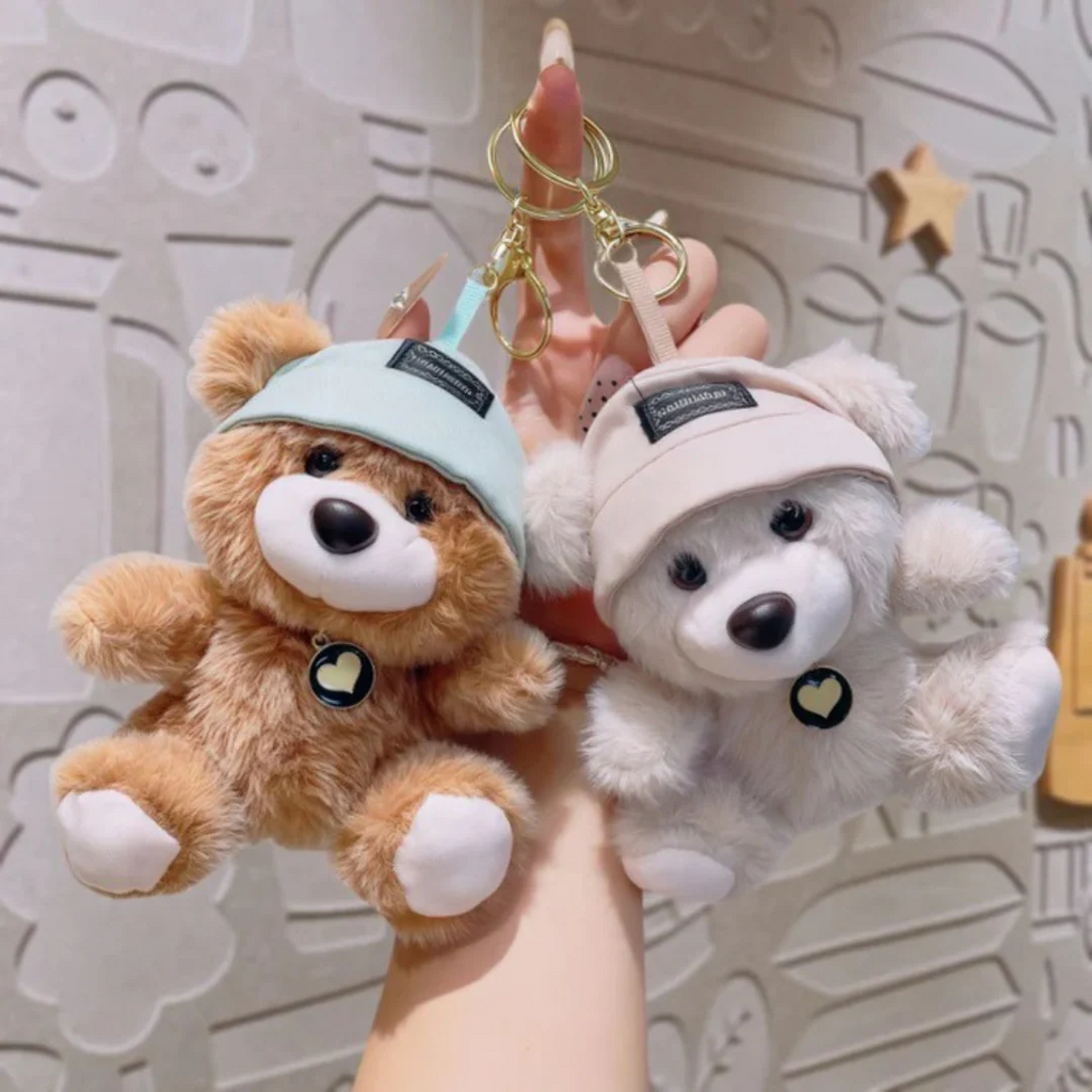 Cute Teddy Bear Plush Keychain with Cap – Soft Mini Teddy Bag Charm & Car Key Holder